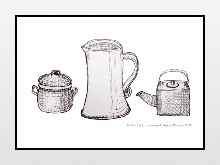 Sketch of pot, jar and teapot