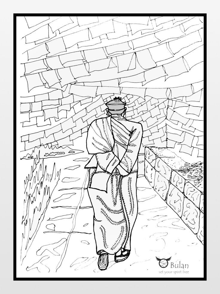Sketch of monk walking alone