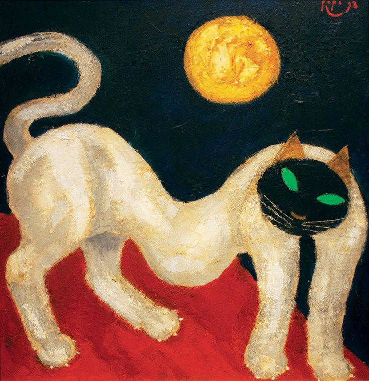 Popo-Iskandar-White-Cat-With-Sun-75cm-x-75cm-oil-on-canvas