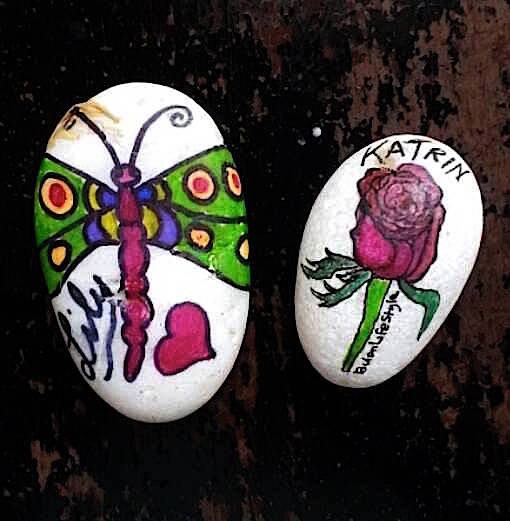 Dragonfly and rose pebble art