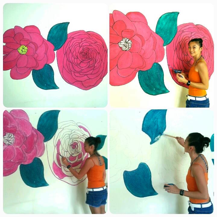 The making of the Nonya art wall with pretty pink peony flowers