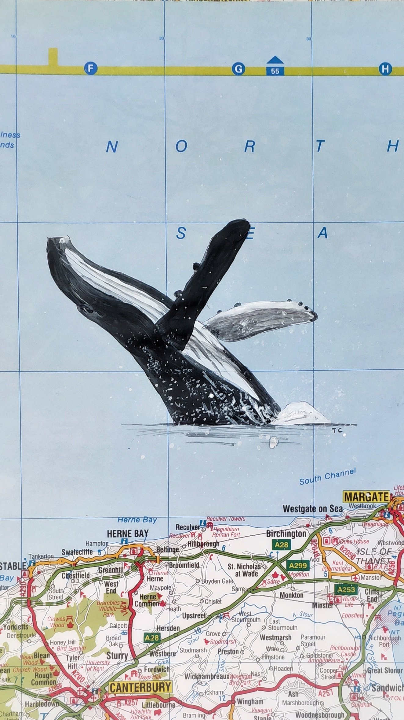 Humpback whale tail painting on vintage UK map, Platinum Jubilee series (study 2), by Tiffany Choong