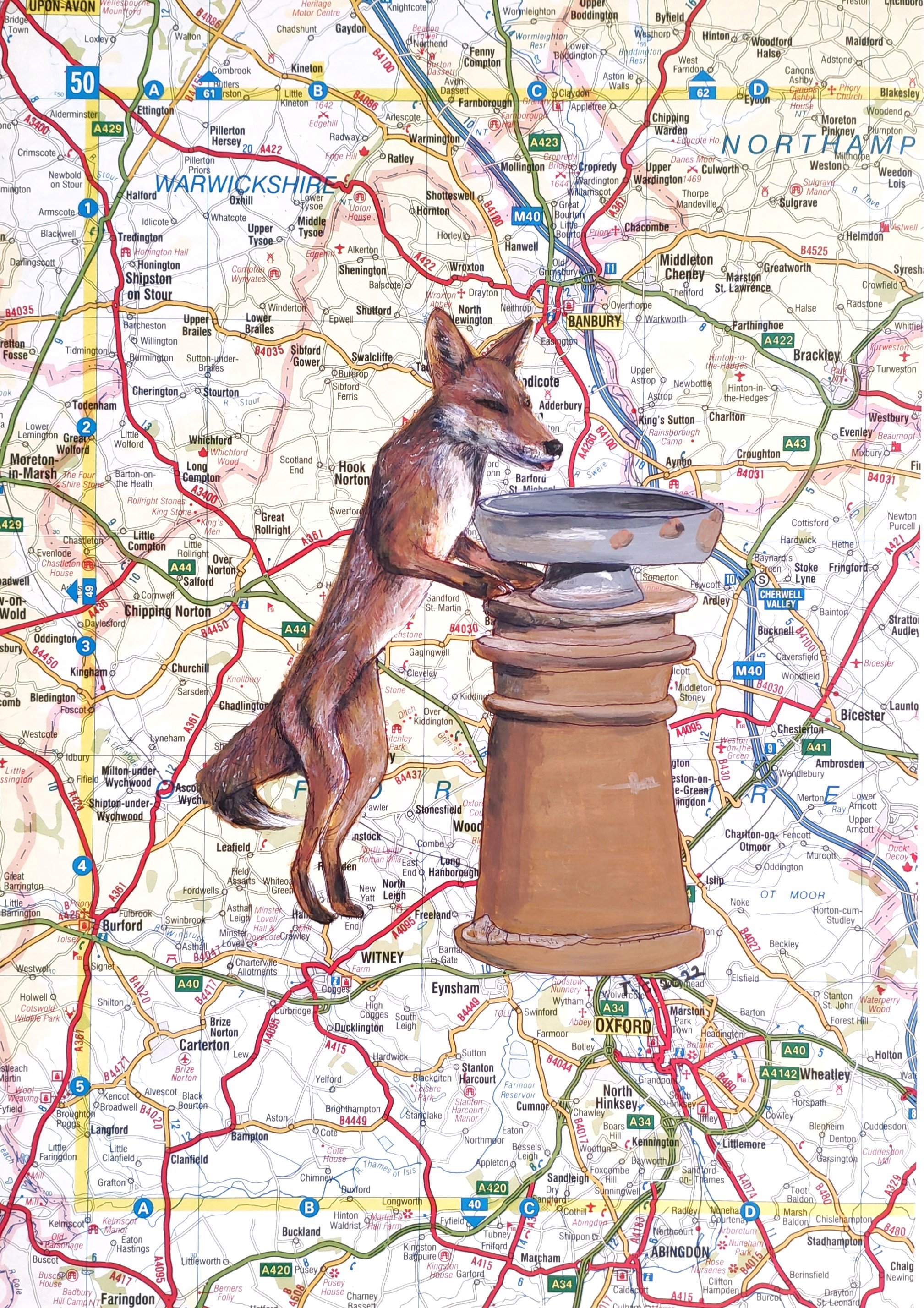 Fox and chimney pot painting on vintage UK map, Platinum Jubilee series (study 2), by Tiffany Choong