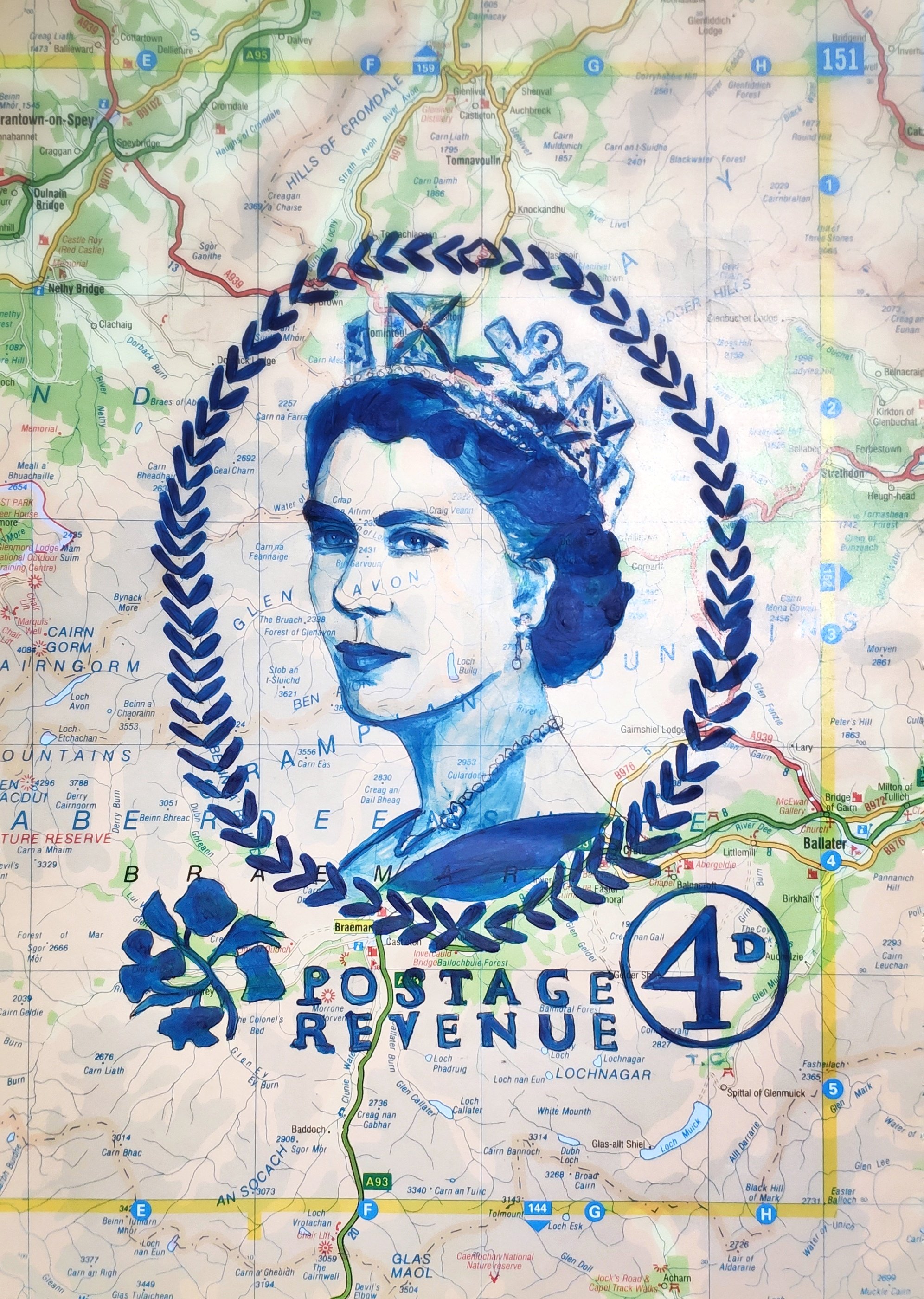 Queen Elizabeth II portrait on vintage postage stamp design, painted in memory of her passing, by Tiffany Choong