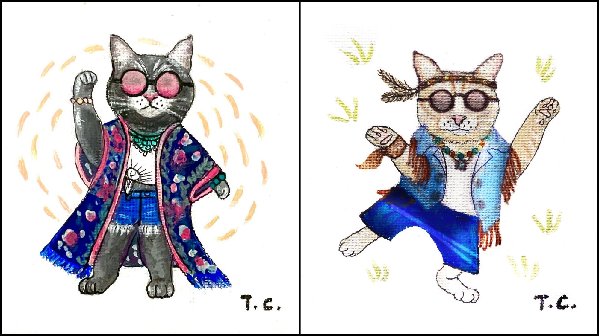 River and Phoenix Festival Cats — tiny acrylic painting by Tiffany Choong