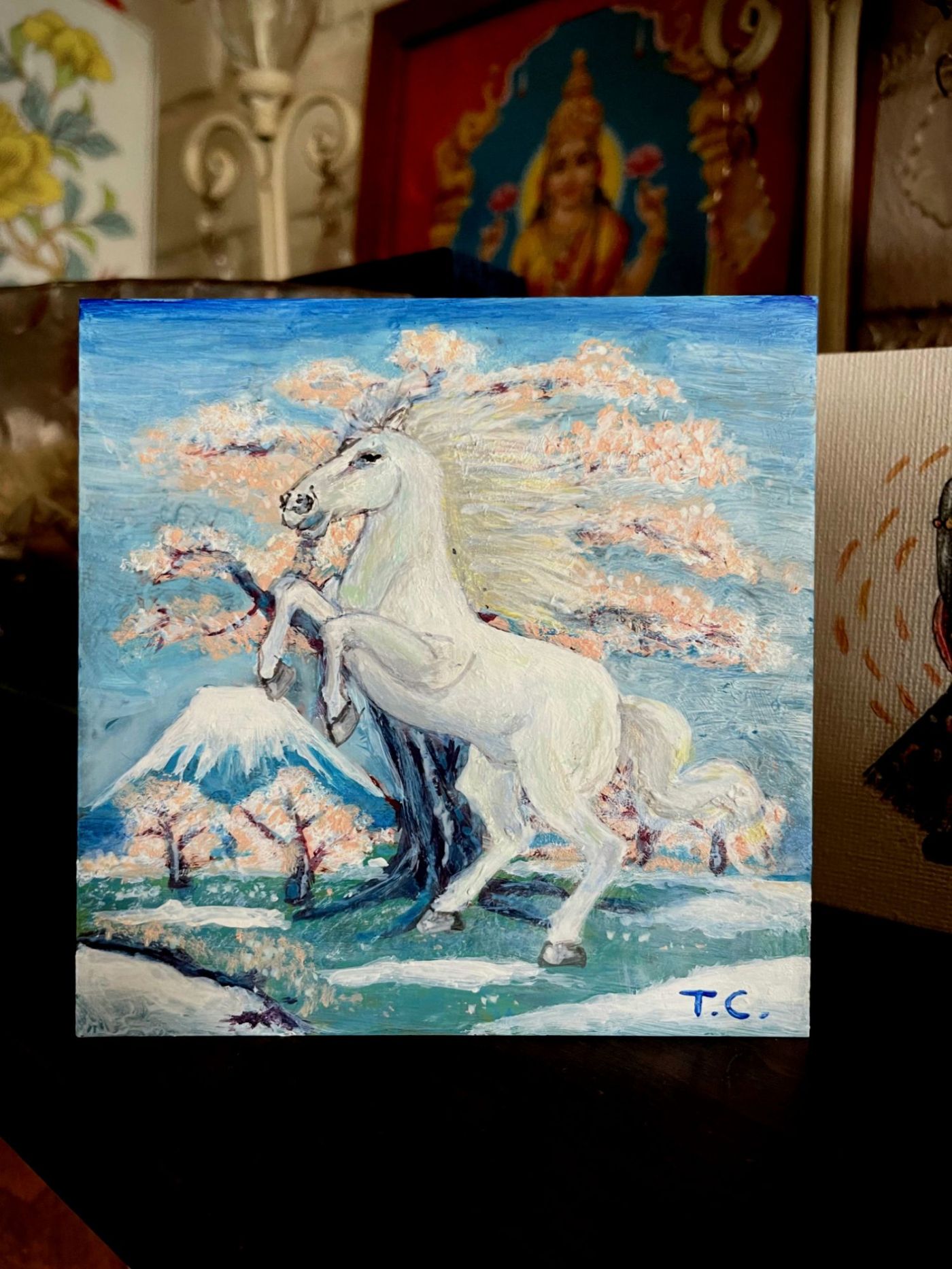 Winter solstice painting of white horse with Mt Fuji in winter background by artist Tiffany Choong. Signed off as T.C